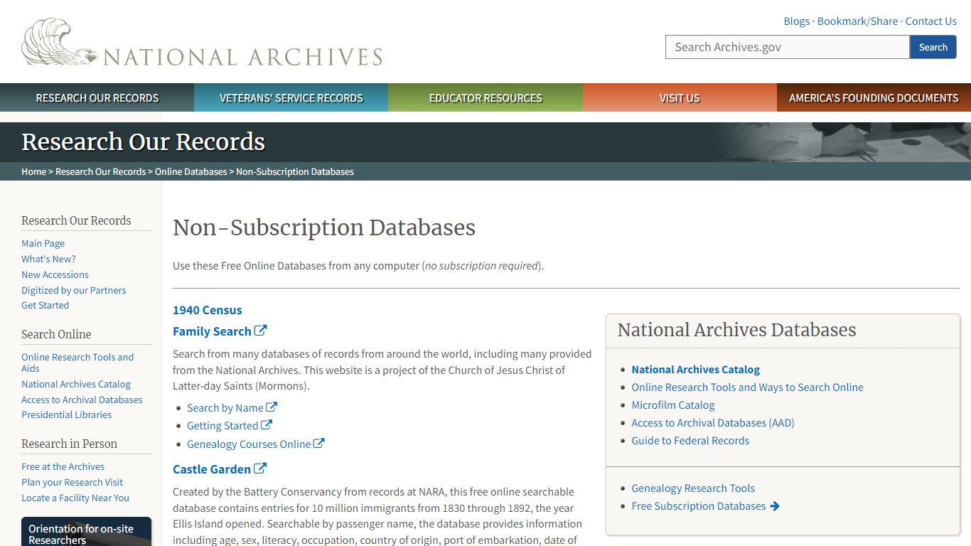 Non-Subscription Databases | National Archives